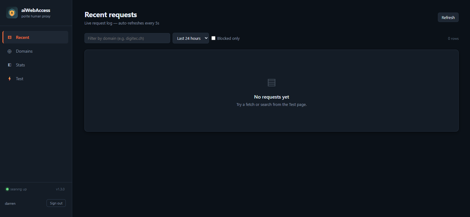 aiWebAccess recent-requests page
