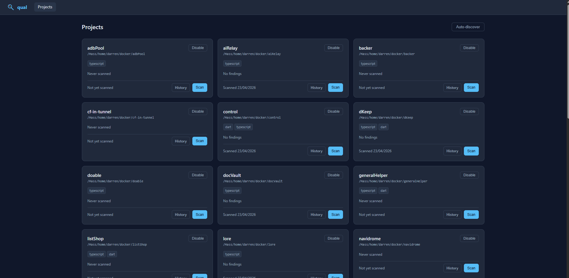 Quality scan dashboard with per-project findings